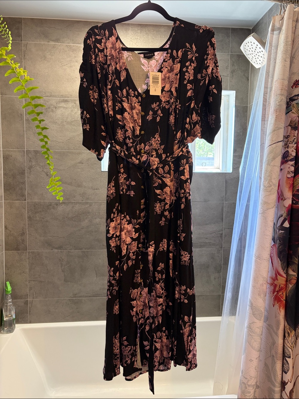torrid Black Floral Midi Dress with Pink Bouquet Print